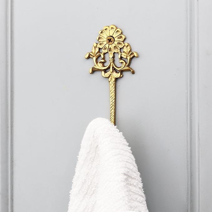 Indian Shelf 3-Packs Handmade Brass Heavy Duty Decorative Vintage Key Holder, Key Wall Hooks for Hanging Coats, Jackets, Leash, Hat, Towel, Backpack, Purse, Handbag for Hallway Décor (Golden)