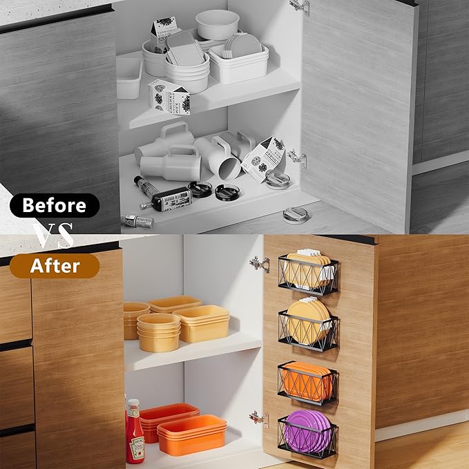 4 Pack Adhesive Cabinet Door Lid Organizer for Tupperware, Inside Cabinet Plastic and Food Container Lid Holder, Wall Mounted Slim Space Storage for Pantry Door or Under Sink