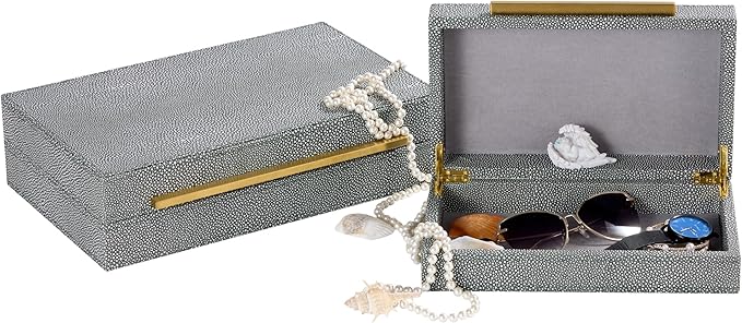 Sagala Set of 2 Grey Shagreen Decorative Boxes With Gold Metal Handles, Faux Leather Jewelry Boxes Modern Storages Photo Memory Boxes Home Organizer Boxes (Grey-Gold, 2pack)