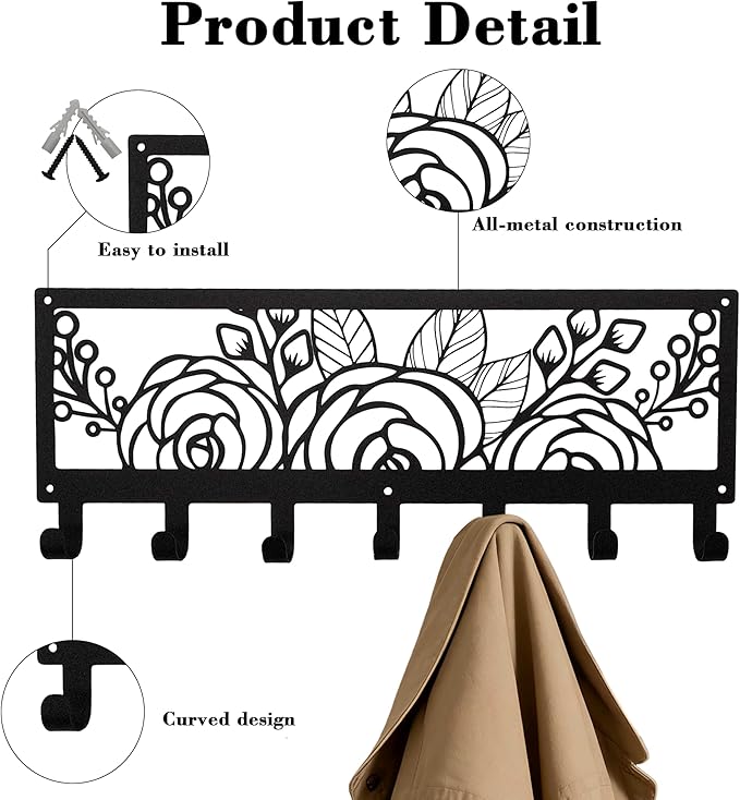 Cute Black Floral Wall Mount Rack with 7 Hooks, Decorative Wall Hanger for Coat, Hat, Bag, Car Key, Unique Wall Hooks for Entryway, Front Door, Bathroom, Kitchen, Office, Home Organization