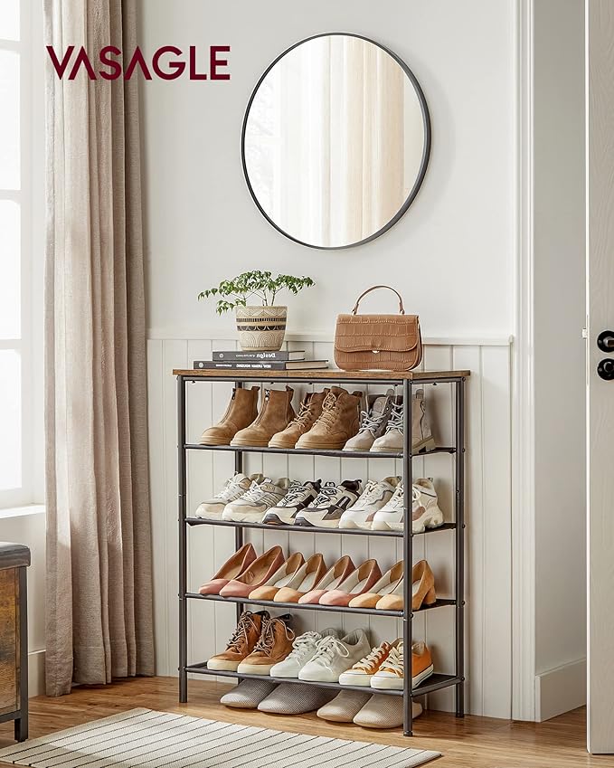 VASAGLE Shoe Rack, 5-Tier Shoe Storage Organizer for Entryway and Closet, Holds 12-16 Pairs of Shoes, 4 Fabric Shelves, Steel Frame, Industrial, Rustic Brown and Black ULBS036B01