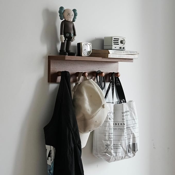 Entrance Coat Rack ，Coat Hooks, Wall-Mounted Wooden Hook Rack, Wall-Mounted Shelves are Very Suitable (Teak Colored Finish)