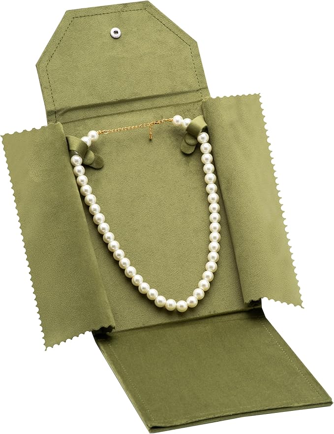 Velvet Necklace Jewelry Travel Folder Storage Display Case (Olive Green)