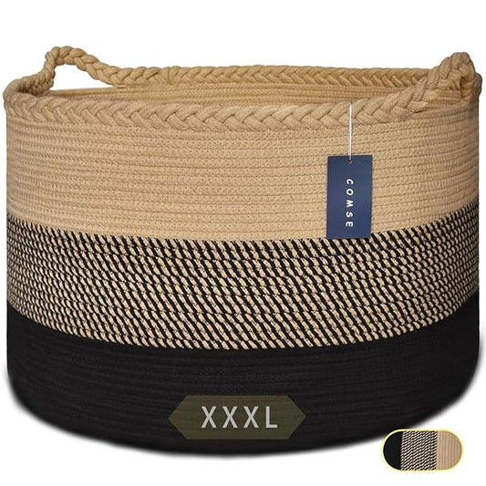 COMSE Extra Large Blanket Basket, Woven Laundry Basket, 21.7âx 13.8â, Nursery Hamper, Cotton Rope Laundry Hamper Living Room for Storage Toys Clothes Towels (Brown & Black)