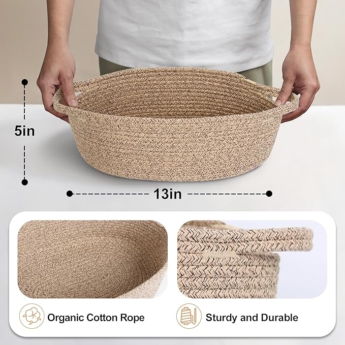 Brown Variegated Small Woven Basket, 13â x 9â x 5â Baskets for Gifts Empty, Cotton Rope Gift Basket, Cute Nursery Baby Organizer, Cat Dog Toy Bin Box, Wicker Storage Bin with Handle