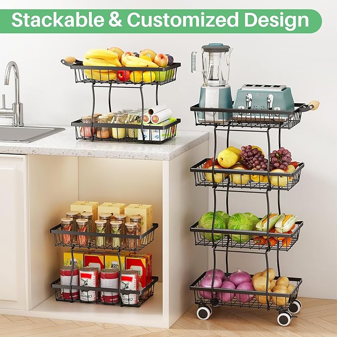 SAYZH Fruit Basket Kitchen Pantry Organizers and Storage - 4 Tier Stackable Metal Wire Basket Stand for Fruit Vegetable Snacks Jars Bins Containers Organization, Black