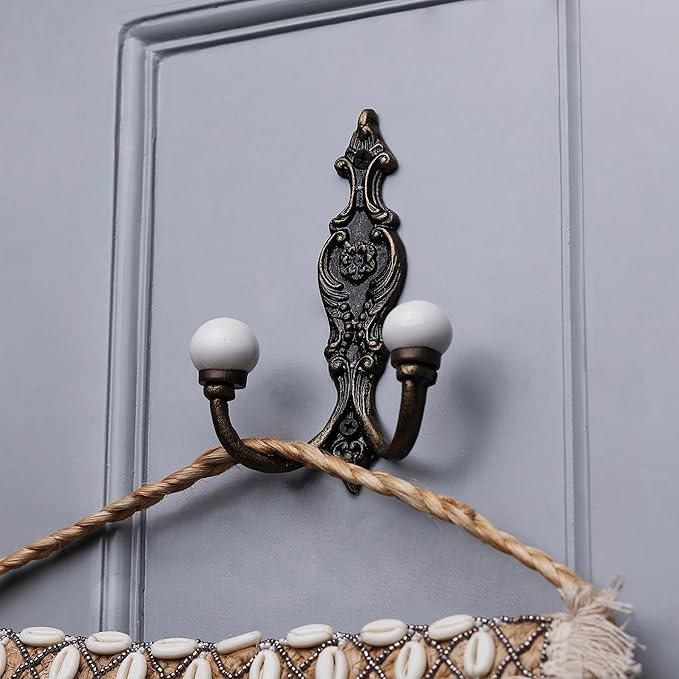 Indian Shelf Pack of 12 Heavy Duty Double Hooks for Hanging White Decorative Coat Hooks Double Prong Unique Coat Rack Wall Mount Ceramic Vintage Wall Hooks Towel Holder Backpack Purse Hanger- Style 6
