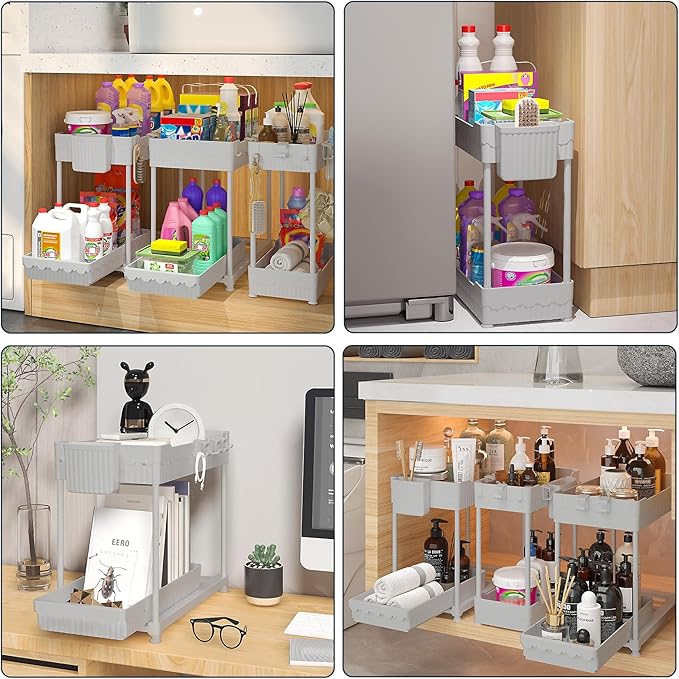 3 Pack Under Sink Organizers, 2-Tier Multi-Use Kitchen and Bathroom Organizers and Storage with Sliding Drawers, Bathroom Cabinet Organizer (Gray, 12.8 Inch)