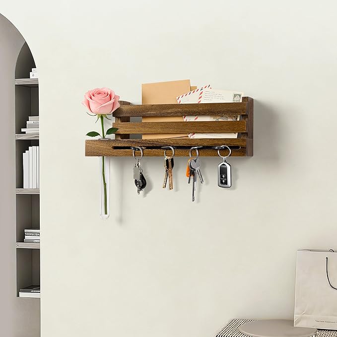 AELS Solid Walnut Wall Mounted Key Holder with Acrylic Vase & Mail Organizer, Wooden Entryway Key Rack with 5.9" Test Tube Vase, Decorative Key Hanger with Slot for Keys and Letters, Brown, Gift Idea