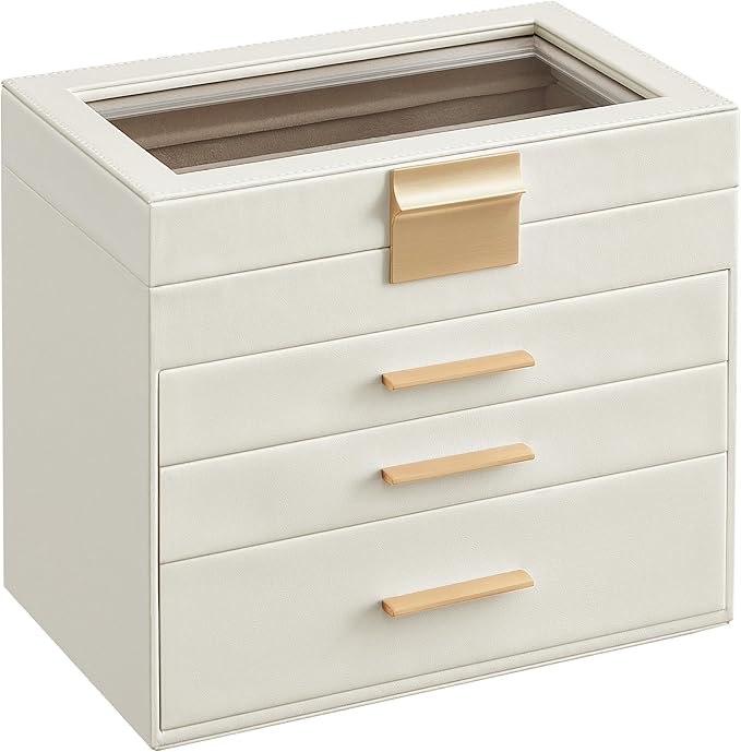 SONGMICS GISELLA Collection - Jewelry Box Organizer, 4-Layer Jewelry Storage with 3 Drawers, Shiny Metal Hardware, Glass Lid, Modern, 6 x 9.9 x 8.5 Inches, Cloud White and Gold Color UJBC161W01