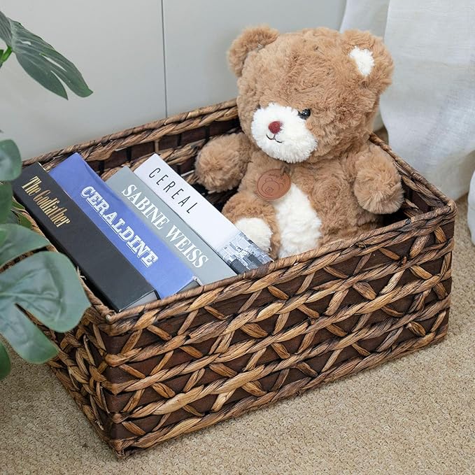 Rectangular Wicker Storage Basket with Iron Structure & Wood Accents, 15.75Ã11.42Ã7.09 Inches, Perfect for Home Organization