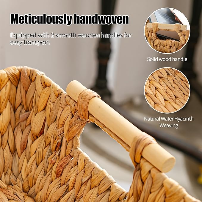 Woven Storage Baskets â Set of 2 Handwoven Water Hyacinth Wicker Baskets with Wooden Handles for Organizing, Decorative Baskets for Laundry Room, Home Decor - Large & Medium