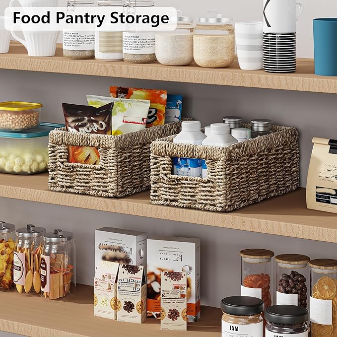 Vagusicc Storage Basket Wicker Baskets for Organizing with Handles Decorative Storage Bins for Countertop Toilet Paper Basket for Toilet Tank Top Small Baskets (11.4x6.1x4.6 inch, 2 Pack)