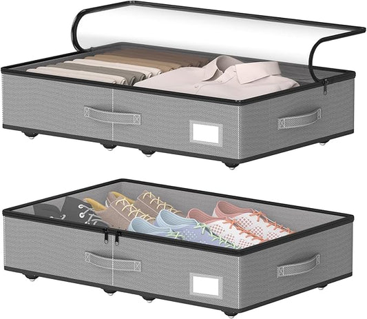 Under Bed Storage with Wheels, No Assemble Required 5.5 inches height grey under bed storage bins,Low Profile Rolling Underbed Shoe Storage containers，dorm underbed storage drawers