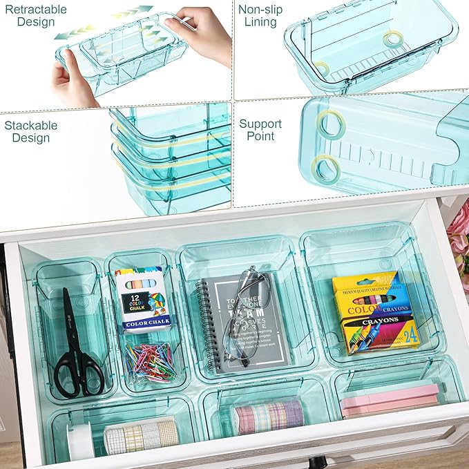 15 Pcs Adjustable Clear Drawer Organizer, All Extendable Vanity Storage Bins, Desk Drawer Organizer Set for Makeup, Cosmetics, Bedroom, and Gadgets, Blue