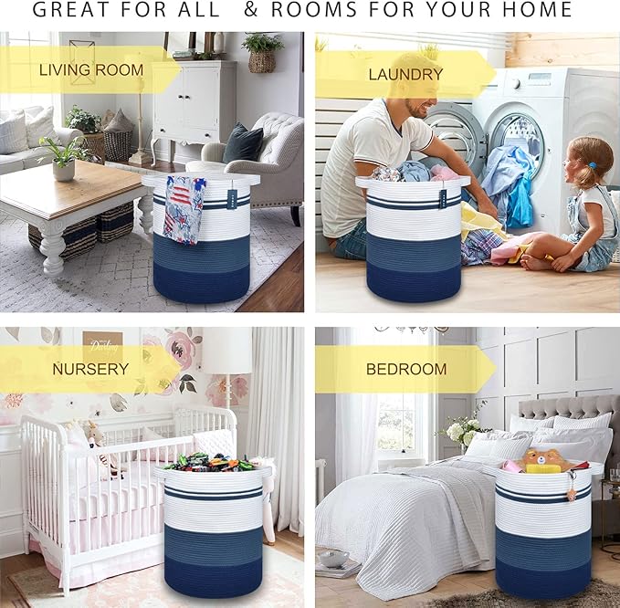 COMSE Extra Large Blanket Basket, Tall Laundry Basket, Nursery Hamper, 15.7âx 21.7â, Cotton Rope Woven Laundry Hamper for Storage Toys Clothes Towels, Gradient Blue