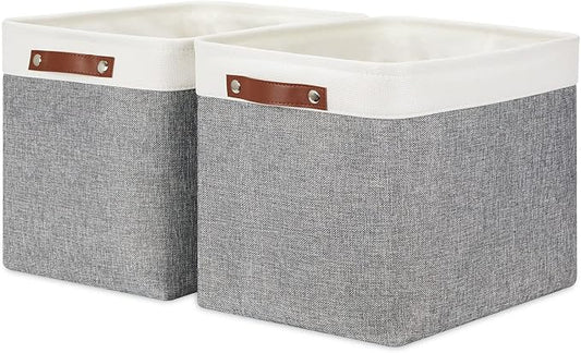 HNZIGE Large Fabric Storage Baskets Bins for Organizing [2 Pack] Foldable Storage Bin Tall Baskets for Shelves 16" X 11.8" X 11.8" Canvas Rectangular Decorative Storage Bins for Closet(Gray&White)