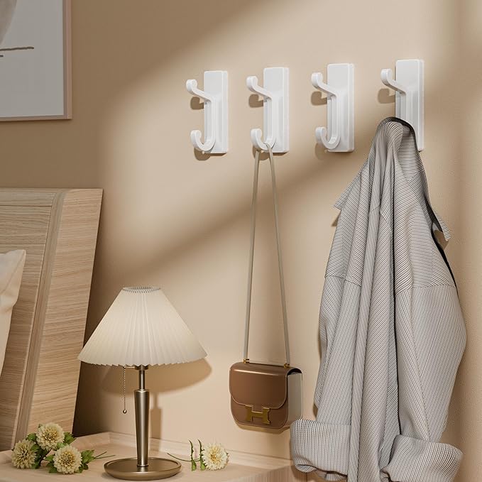 White Self Adhesive Wall Hooks - 4 Pack Sticky Hangers Wall Mount, Holds 13Lbs for Clothes, Towel, Robes, Keys, Double Hooks for Bathroom, Bedroom and Door.