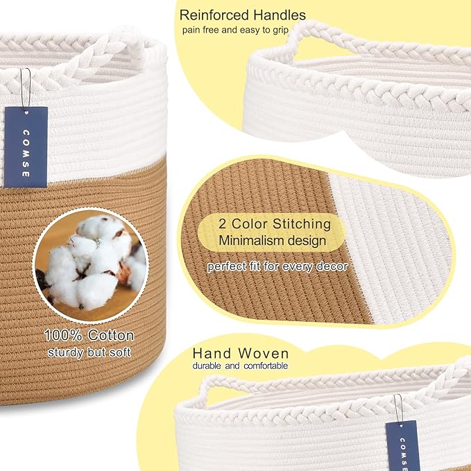 COMSE Extra Large Blanket Basket, Woven Laundry Basket, 21.7âx 13.8â, Nursery Hamper, Cotton Rope Laundry Hamper Living Room for Storage Toys Clothes Towels(White & Camel)