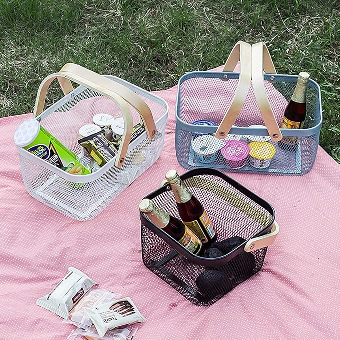Mesh Steel Storage Organizer Basket Fruit Basket Bin with Wood Handle Ideal for Kitchen Bathroom Picnic Baskets Pantry Cabinets Storage Home Decor (Lemon Yellow)