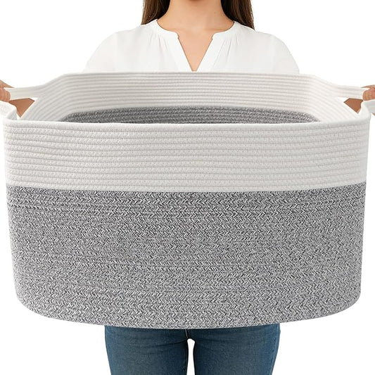 Magazine & Newspaper Baskets,65L Large Woven Rope Blanket Basket,21"x16"x12"Storage Bin with Handle,Toys Storage,Laundry Basket for Home Organization/Living Room/Nursery/Bedroom.White&Grey