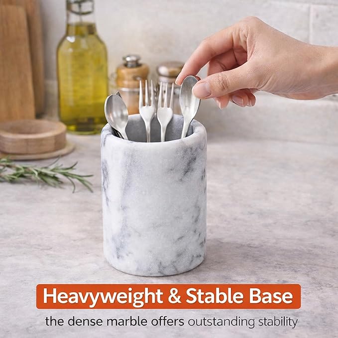 Creative Home Solid Natural Marble Pen Holder â Heavyweight Pencil Cup Organizer for Desk, Vanity, or Bathroom, 3.3" Diameter x 4.5" Height, Off-White with Unique Stone Patterns