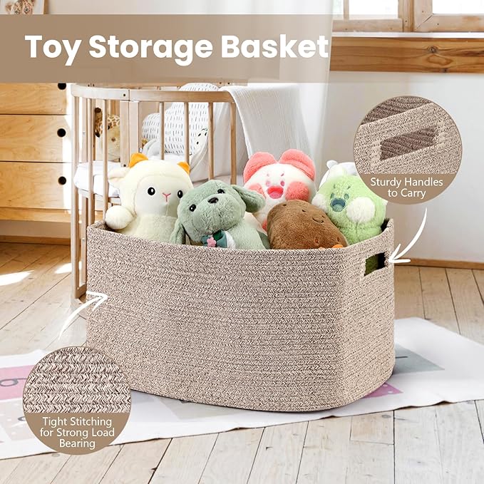 75L Large Blanket Basket, Woven Storage Baskets with Reinforced Handles, Rope Laundry Basket for Living Room, Bedroom, Nursery, Toys, Clothes,Pillows, 22â x 17â x 11.5â, Brown