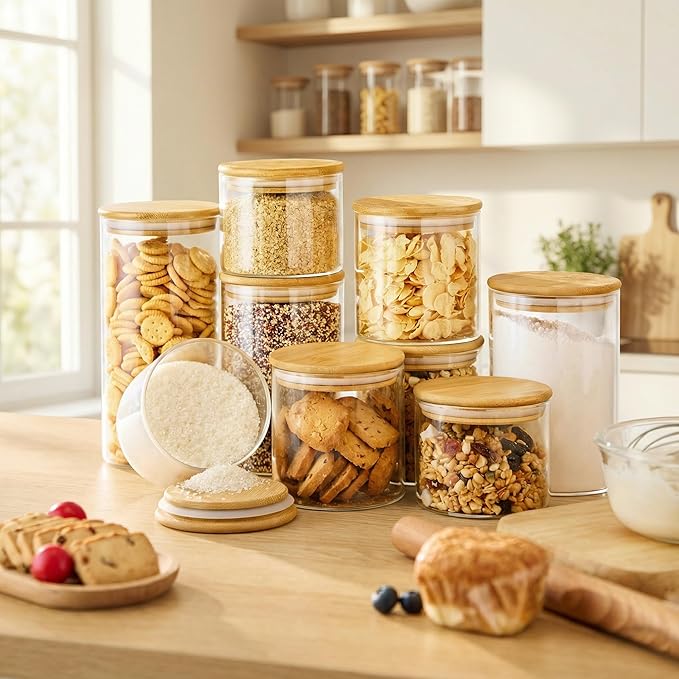 Glass Jars with Bamboo Lids 53 FL OZ [Set of 4], Glass Canisters with Airtight Lids, Glass Food Storage Containers for Pasta, Oats, Coffee, Flour, Sugar, Rice, Best for Kitchen & Pantry