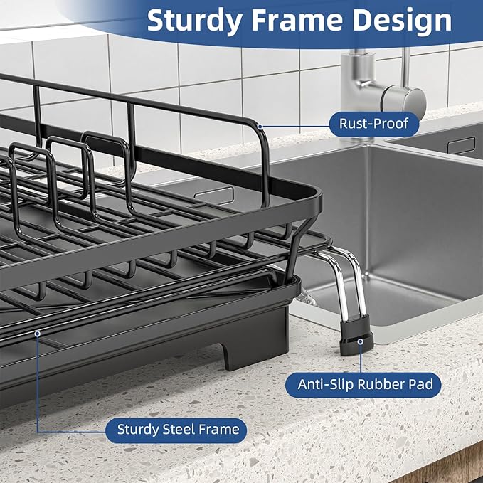 Extendable Dish Racks 16.3"-21.6" L x 16.7" W,Stainless Steel Dish Drying Rack for Kitchien Counter, Anti-Rust Dish Strainer with Cutlery Holder