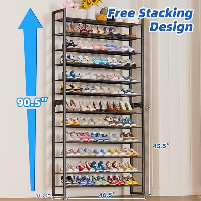 Simple Trending Shoe Rack Holds 60 Pairs, 12 Tier Shoe Organizer, Heavy Duty Large Metal Stackable Shoe Storage for Closet, Black