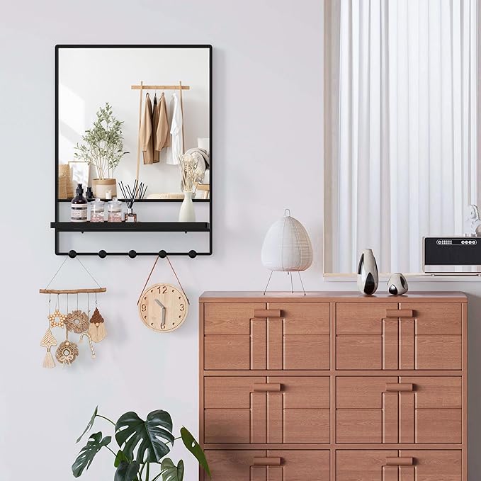 WONSTART Wall Mirror with Shelf and Hooks,Vanity Mirror with Hooks, 21 X 28 inch Metal Framed Bathroom Mirror with Shelf for Bathroom, Entryway, Bedroom, Living Room (Black, 21" x 28")