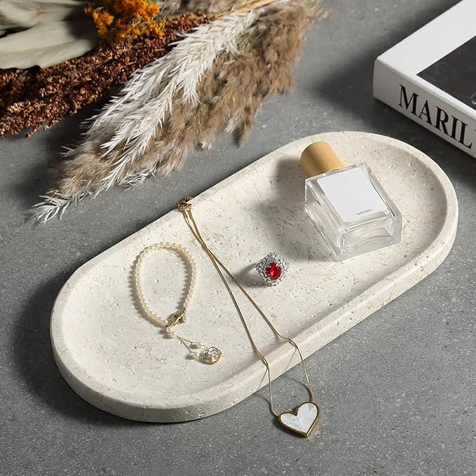 Koville Marble Tray for Bathroom Countertop, 12"x6" Beige Marble Vanity Storage Trays for Perfume, Cosmetics, Jewelry, Stone Tray for Kitchen, Decorative Trays for Dresser Organizer