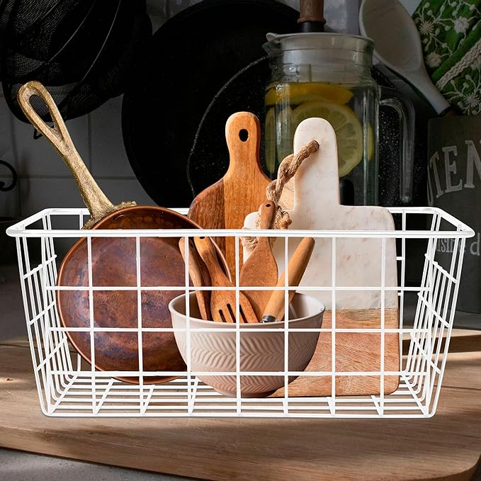Sturdy Small Wire Storage Basket for Kitchen Food, Pantry Papers, Home Office Desk and Shelf, Bathroom Laundry Room, Bedroom, Silver, White