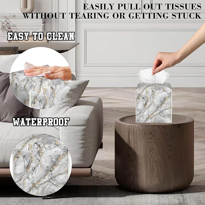 Tissue Box Cover White Marble with Gold Veins Leather Tissue Box Holder Cube Paper Case Cover Facial Paper Organizer Dispenser for Bathroom, Vanity Countertop, Office Desk