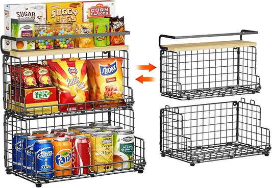 X-cosrack 3-Tier Stackable Snack Organizer with Pine Wood Top-Trapezoid Metal Wire Basket, Countertop & Wall Mounted Snack Holder for Kitchen Pantry Cabinet, Muti-functional Food Fruit Stoarge, Black