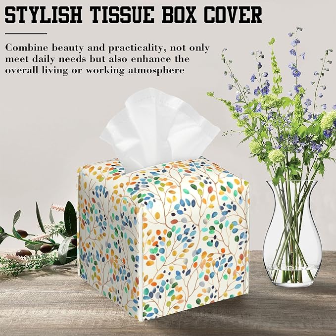 Tissue Box Holder Colorful Leaves Spots on Branches Square Leather Tissue Box Cover Modern Cube Facial Paper Cover Case for Bathroom Vanity Countertop Night Stands Tabletop