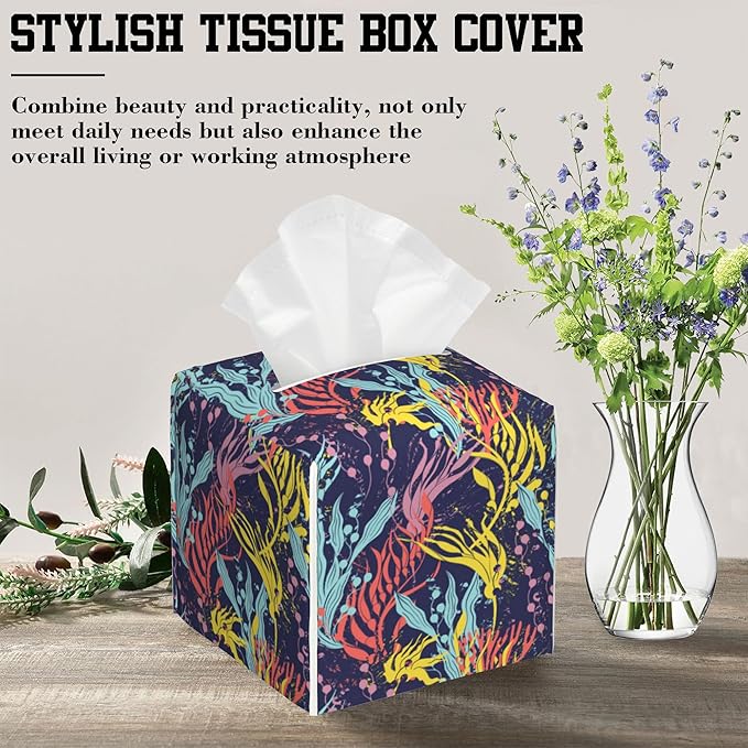 Tissue Box Cover Colorful Seaweed and Coral Leather Tissue Box Holder Cube Paper Case Cover Facial Paper Organizer Dispenser for Bathroom, Vanity Countertop, Office Desk