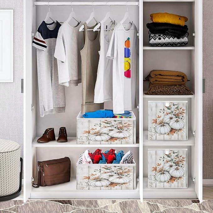 Bolaz White Pumpkin Wood Closet Organizers Storage Cubes Storage Bins Shelf Baskets Containers for Home Room Office,Rectangle