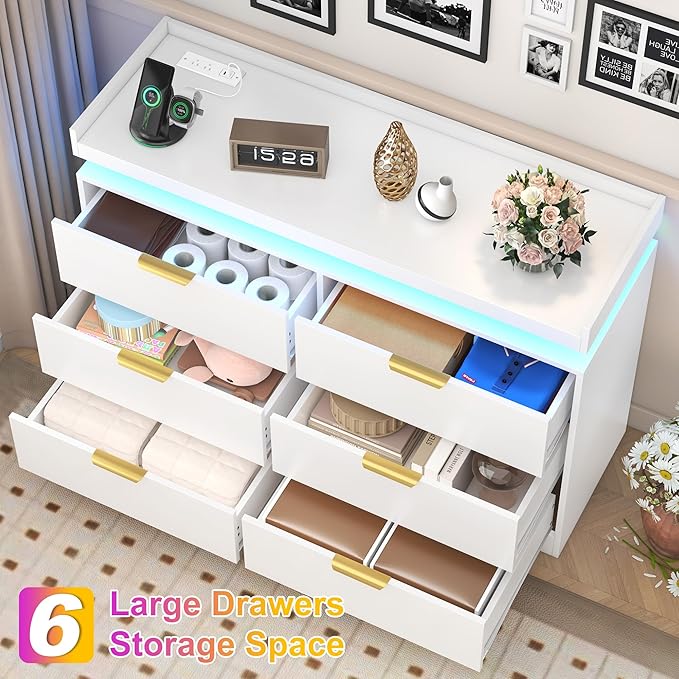 6 Drawer Dresser for Bedroom, White Dresser with LED Lights and Power Outlet, Modern Chest of Drawers for Closet, Double Wide Drawer Organizer Cabinet for Bedroom, Living Room, Entryway, Hallway