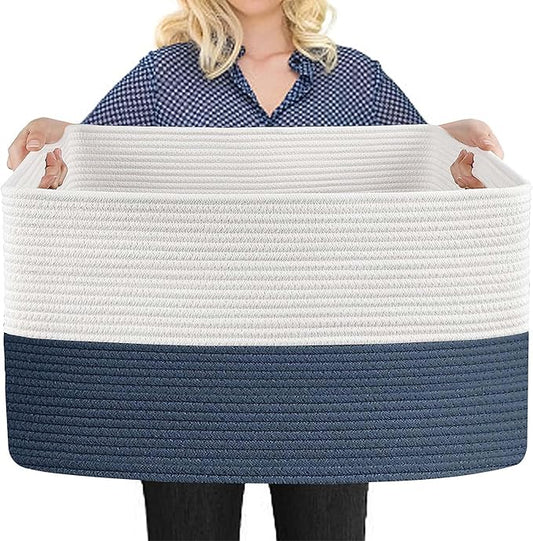 Extra Large Rope Basket, 22" x 17" x 12" Woven Stuffed Animals Storage Bin, Kids Dog Stuff Toy Box Organizer, Living Room Nursery Organization, Big Basket Container for Blankets Clothes