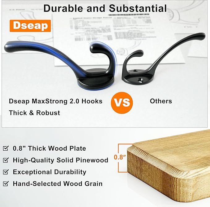 Dseap Coat Rack Wall Mount: 24" Long, Patented, Heavy-Duty, 6-Double-Hooks Wooden Hanger Hook Rail for Winter Coats Hat Jacket Clothing, Weathered Brown