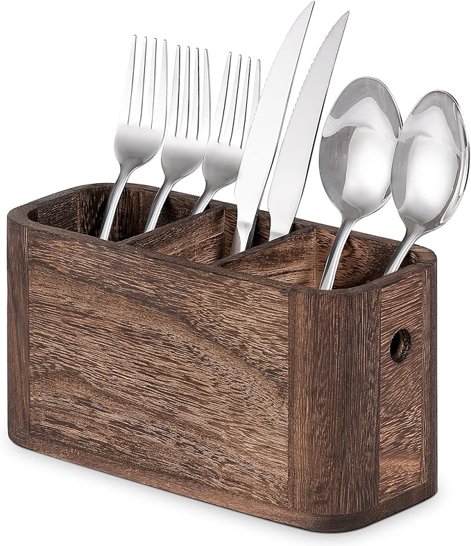 Wooden Silverware Holder for Countertop, Kitchen Utensil Caddy with 3 Compartments, Cutlery Storage Organizer Countertop, Flatware Organizer for Party, Spoon, Fork Holder