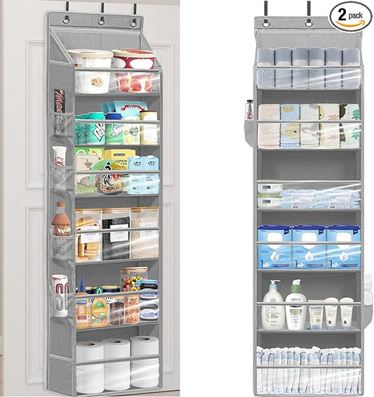 Over Door Organizer with 6 Extra Large Pockets 12 Side Pockets, 2-Pack Sturdy Closet Rack, Hanging Storage Organizer with Clear Window for Shoes, Diapers, Toys, Bedroom, Bathroom, Grey
