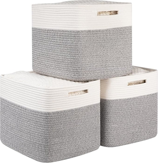 OIAHOMY 13 Kallax Inch Cube Storage Bins, 3-Pack Cotton Rope Woven Baskets for Organizing, Kallax Insert Storage Baskets for Shelves, Baby Nursery, Closet Organizer, 15 * 13 * 12.6IN, Grey & White