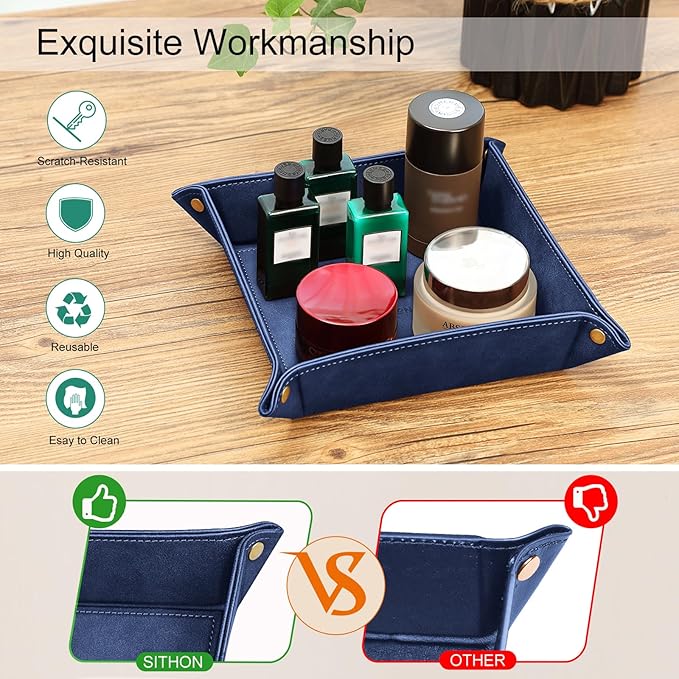 SITHON Valet Tray Desktop Storage Organizer â Premium PU Leather Catchall Bedside Vanity Tray Nightstand Caddy Holder for Keys, Phone, Wallet, Valentine's Day Gift, Dark Blue