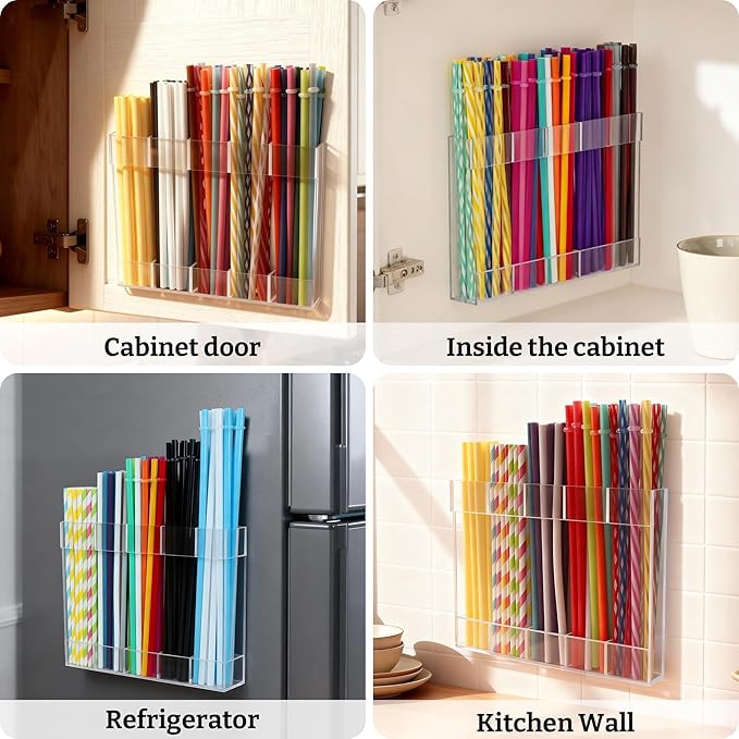 9.5” Large Acrylic Straw Holder for Cabinet Door with Detachable Ultra Sticky Adhesive Squares and Stickers, 2026 Reusable Straws Organizer Storage Dispenser for Kitchen Counter Cupboard