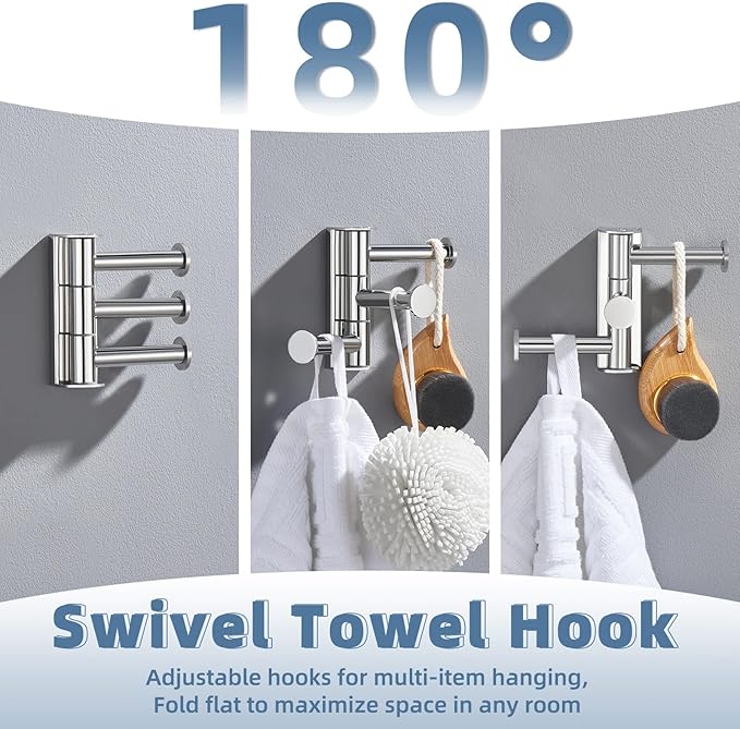 APLusee Triple Swivel Coat Hook, 304 Stainless Steel Polished Chrome Towel Hook for Bathroom with Multi 3 Arms, Wall Mounted