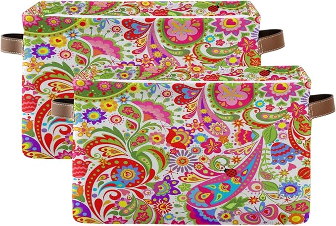 AUUXVA Storage Basket Colorful Paisley Flower Floral Storage Cube Box Durable Canvas Collapsible Toy Basket Organizer Bin with Handles for Shelf Closet Bedroom Home Office