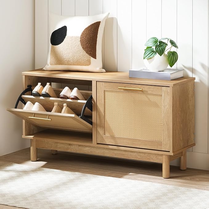 HOOBRO Shoe Storage Bench Entryway, Rattan-Like Shoe Bench with Flip Drawers, Narrow Shoe Rack Bench, Shoe Cabinet with Rattan Doors, Wooden Shoe Organizer for Entryway Hallway, Natural NL51HX01