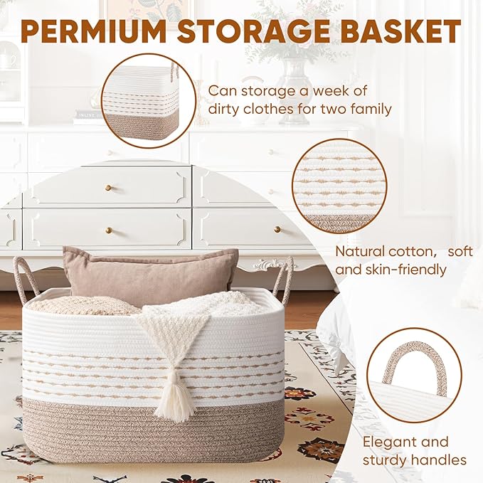 Large Blanket Basket for Toys, Pillow and Clothes, 75L Woven Storage Baskets for Blankets Living Room, Rectangle Cotton Rope Toy Basket with Handles-Brown & White